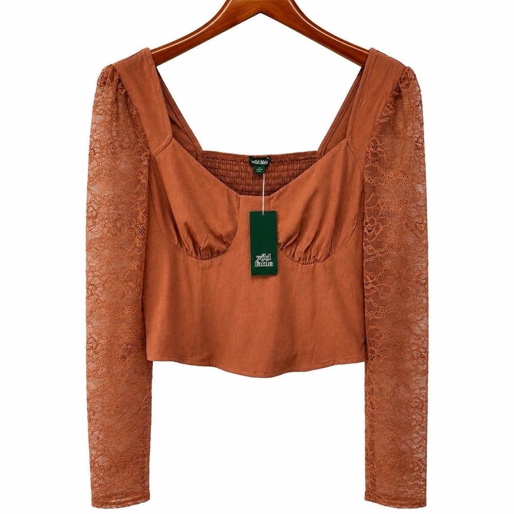 Wild Fable Rust Brown Lace Long Sleeve Crop Top Sweetheart Neck Smocked Back S